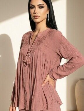 Rachel Zoe Dusty Rose Embroidered Peasant Tunic Top With Tassles